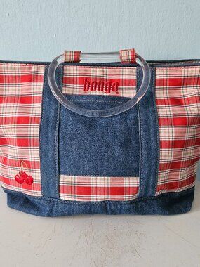 Retro vintage Bongo red plaid denim cherry purse bag picnic kawaii Y2K Summer